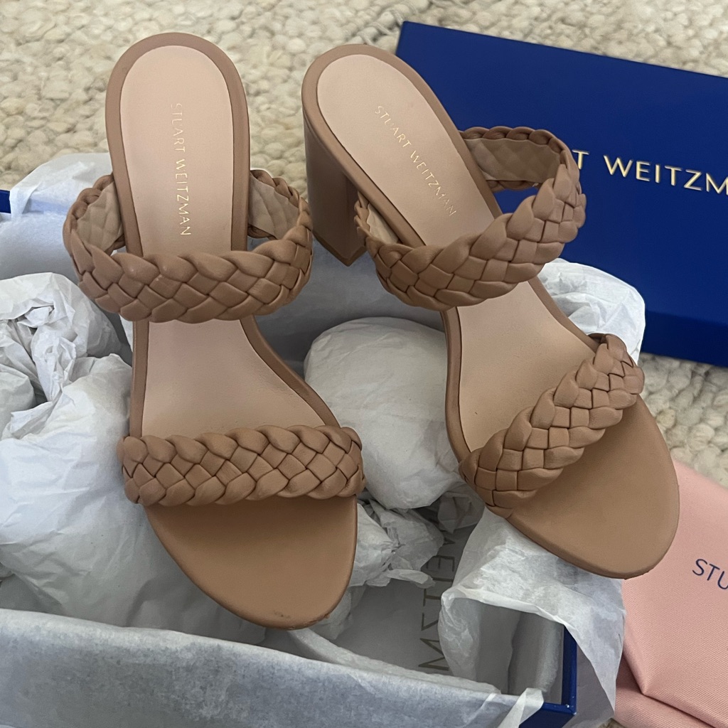 New Stuart Weitzman Tuscan 75 Block Slides - Sandalwood